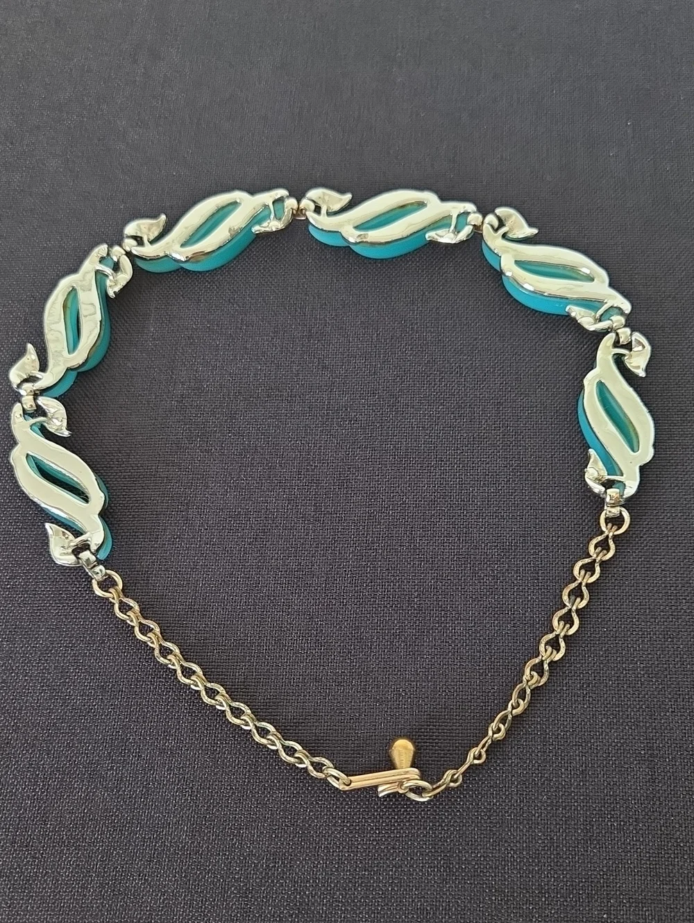 Vintage Coro turquoise enamel and gold-tone wave link necklace from the 1950s